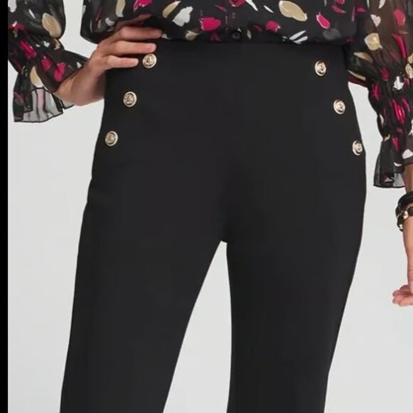 CHICOS BUTTON FLARE JULIET PULL ON SAILOR BLACK KNIT PONTE PANTS NEW 3/ 16 r - Picture 3 of 9
